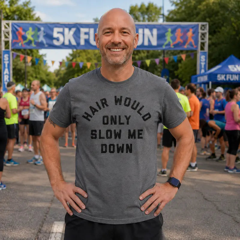 Hair Would Only Slow Me Down Funny Bald Man T-Shirt | Bald Guy Humor Casual Tee
