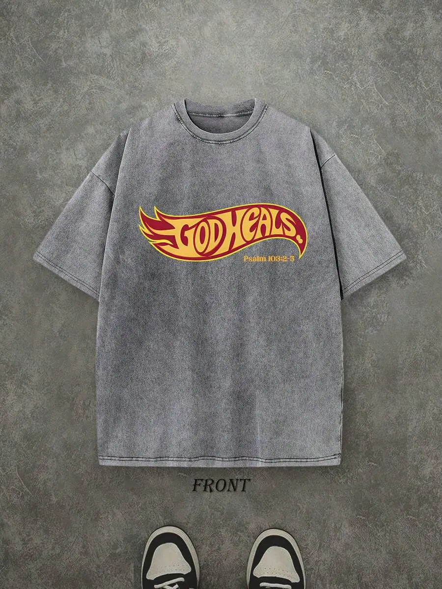 Vintage God Heals Psalm 103:2-5 Christian Graphic T-Shirt, Oversized Washed Cotton Streetwear Tee