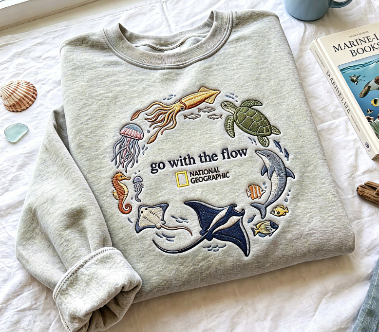 Go With The Flow Marine Life Embroidered Sweatshirt, Sea Turtle Dolphin Jellyfish Ocean Animal Crewneck