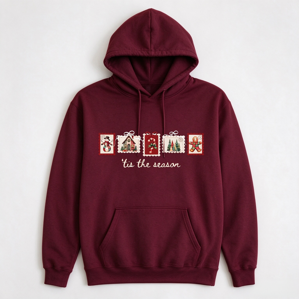 Tis The Season Vintage Christmas Stamp Shirt | Retro Snowman Gingerbread Cabin Graphic Tee, Crewneck & Hoodie