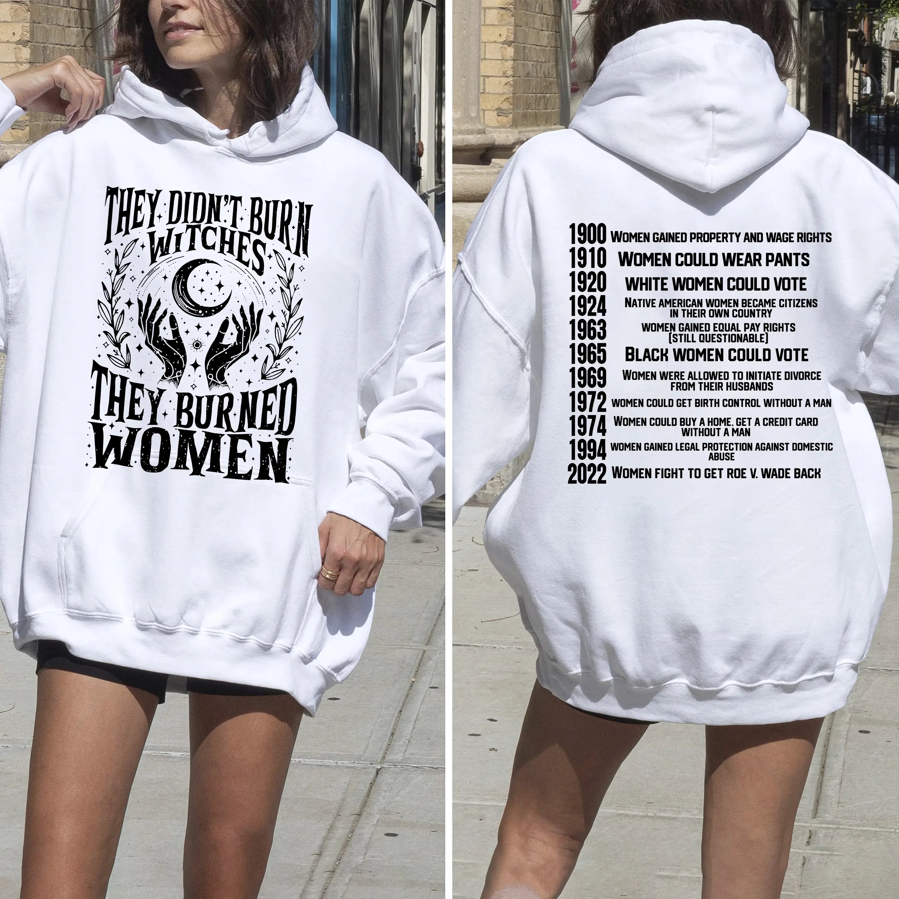 Womens Rights Timeline Hoodie sweatshirt Tee | They Burned Women Activist Apparel