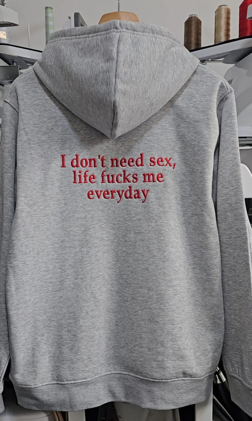 Unisex Heather Grey Embroidered Hoodie - Life Hits Different Everyday Red Stitch Back Design