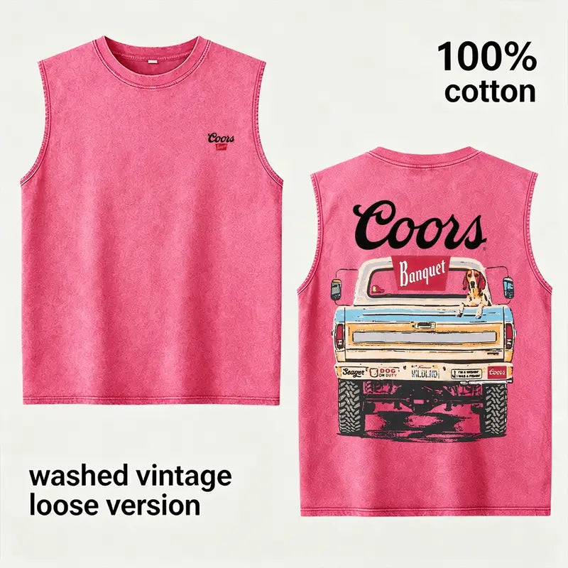 Khaki Washed Vintage Coors Graphic Loose Fit Tank Top