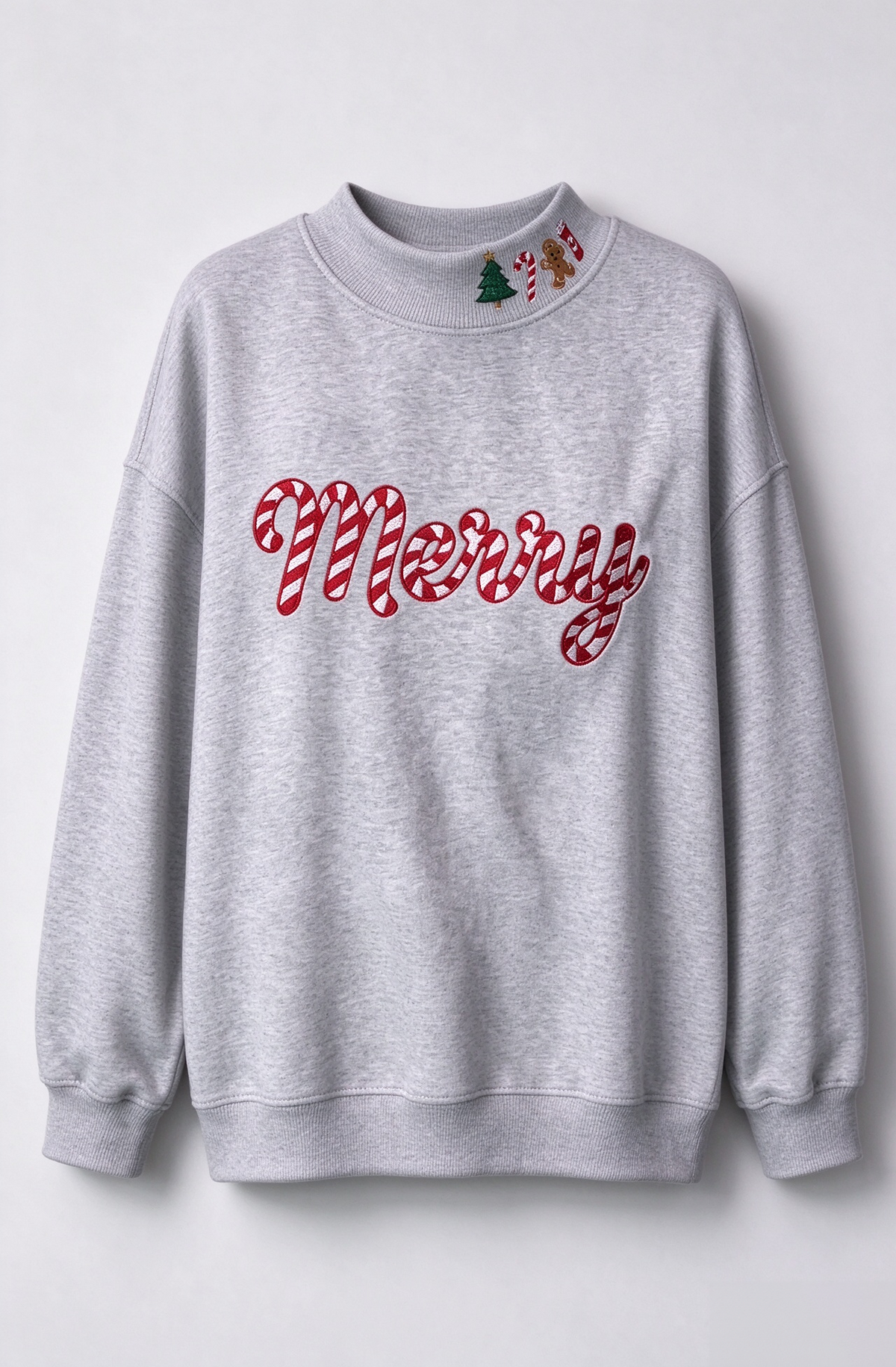 Merry Christmas Candy Cane Embroidered Mock Neck Sweatshirt 🎄🍬