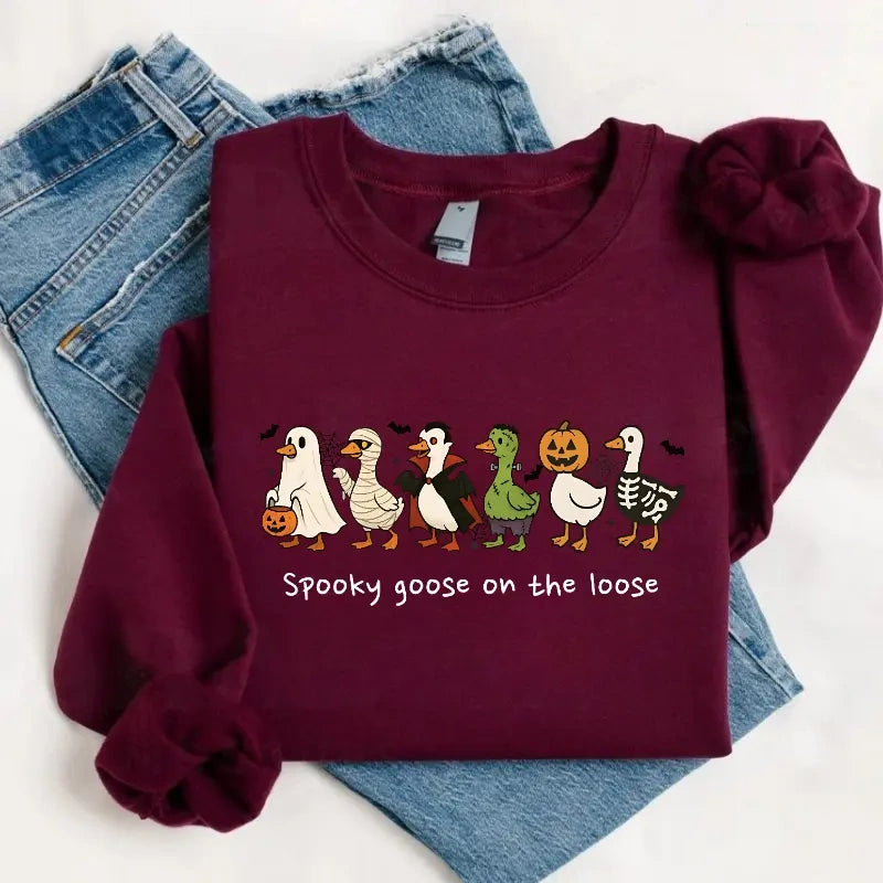 Spooky Goose On The Loose Embroidered Halloween Crewneck Sweatshirt t-shirt hoodie