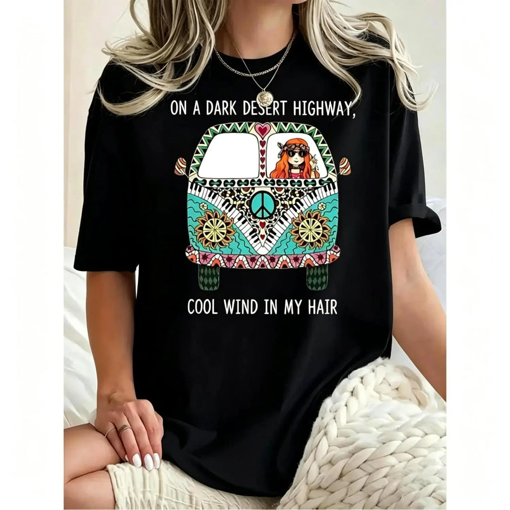 Hippie Van On A Dark Desert Highway Graphic Tee Retro Boho Music Lover Short Sleeve T‑Shirt