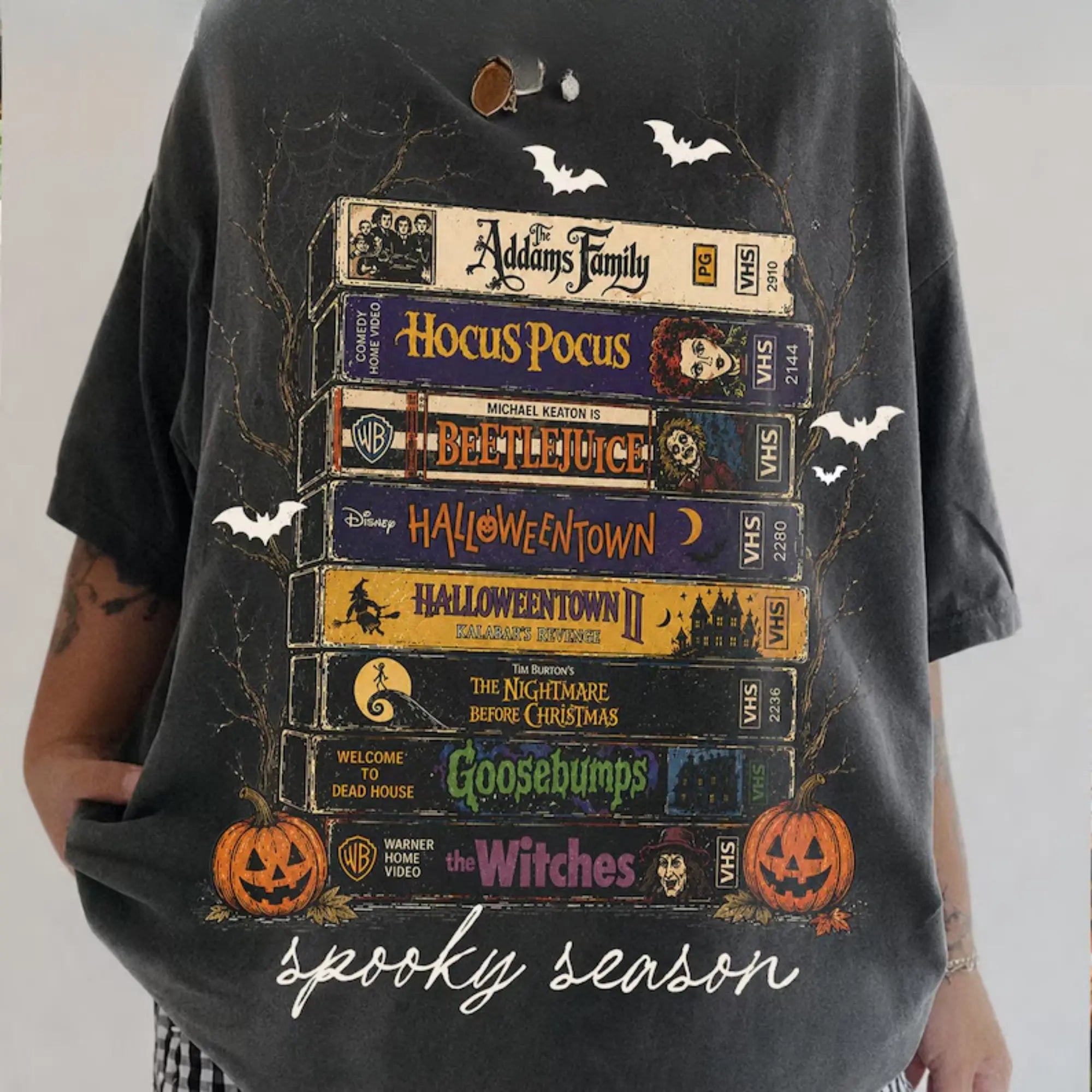 Retro Halloween VHS Movie Stack Spooky Season Washed Tee
