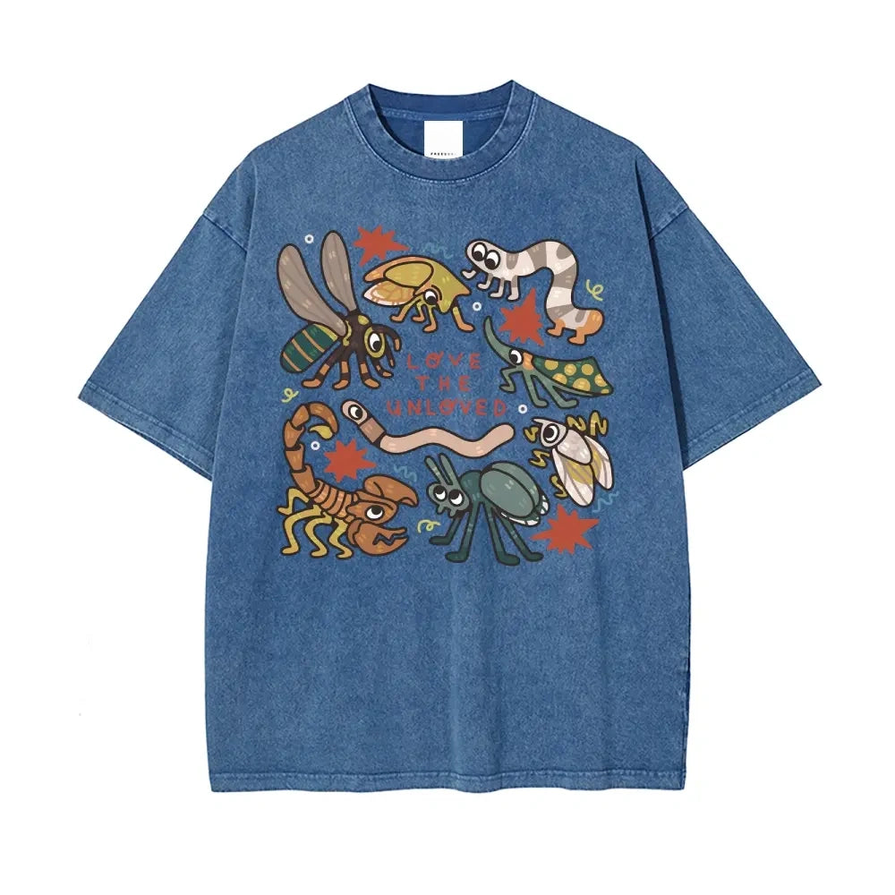 Retro Acid Wash Cute Bug Print Oversized Tee "Love The Unloved" Y2K Street Style T-Shirt for Men & Women