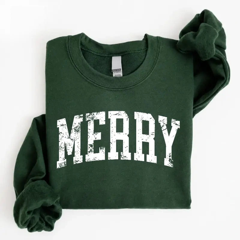 Vintage Distressed MERRY Graphic Crewneck Sweatshirt, Maroon Unisex Christmas Holiday Pullover Winter Sweater