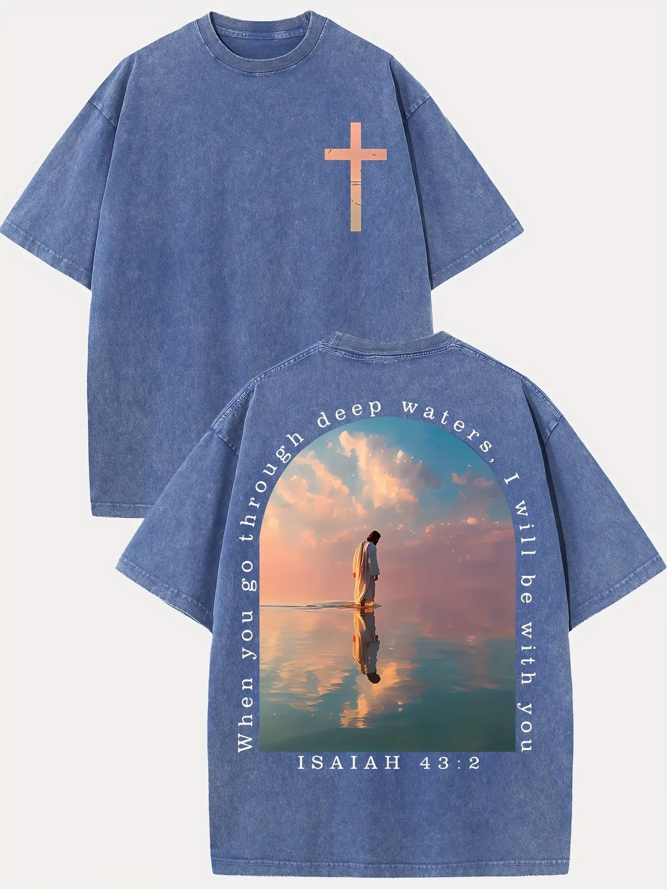 Jesus Walks on Water Isaiah 43:2 Christian T-Shirt | Direct-to-Garment Print, Washed Black Oversized Tee