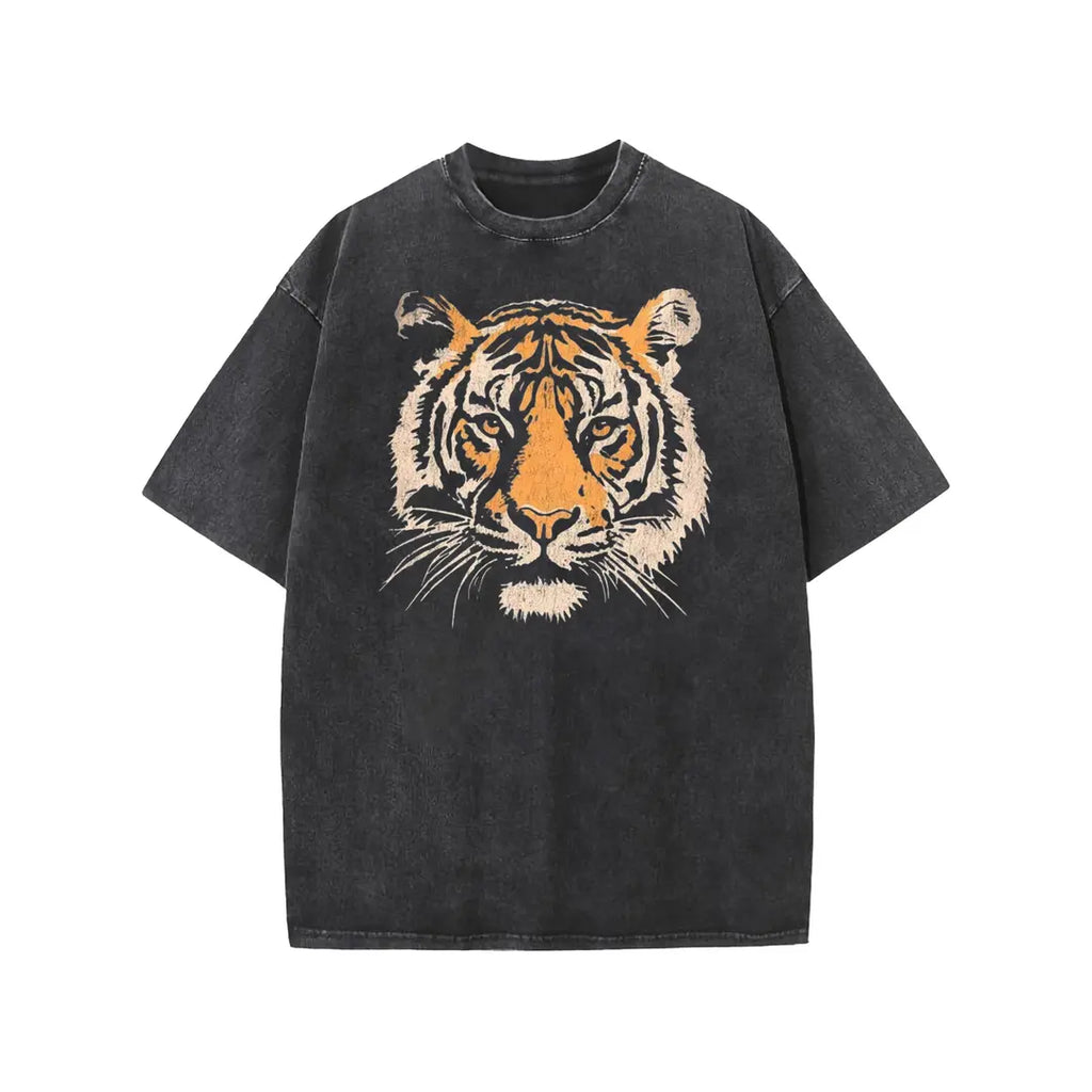 Vintage Tiger Head Graphic Washed T‑Shirt