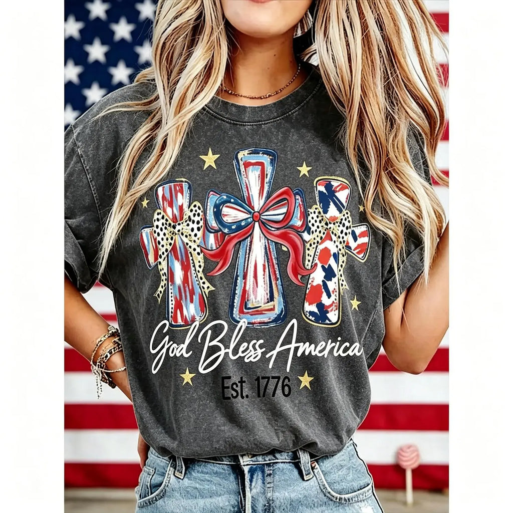 Retro Washed Patriotic Cross T-Shirt Est.1776 Cute USA Independence Day Top