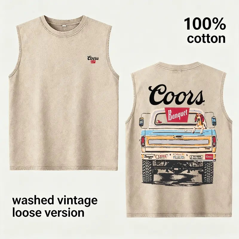 Khaki Washed Vintage Coors Graphic Loose Fit Tank Top