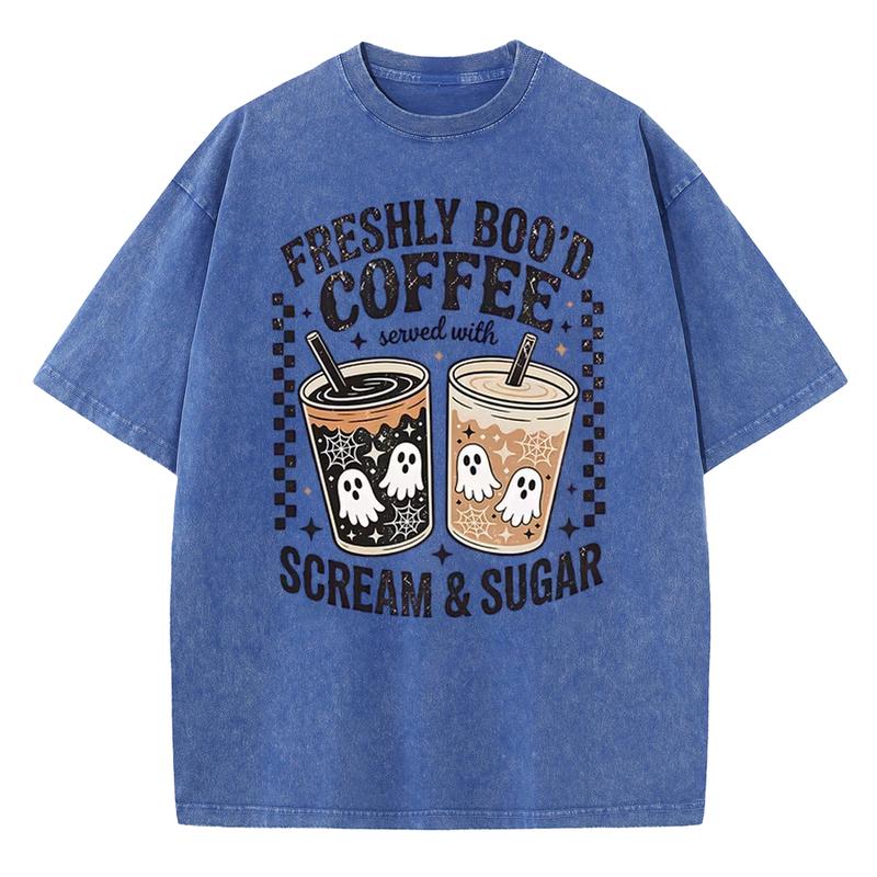 Freshly Boo'd Coffee Scream & Sugar Halloween T-Shirt, Retro Ghost Iced Coffee Vintage Washed Tee