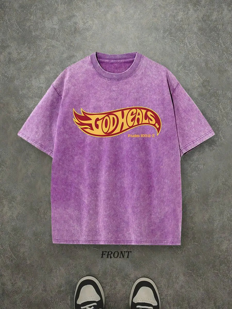 Vintage God Heals Psalm 103:2-5 Christian Graphic T-Shirt, Oversized Washed Cotton Streetwear Tee