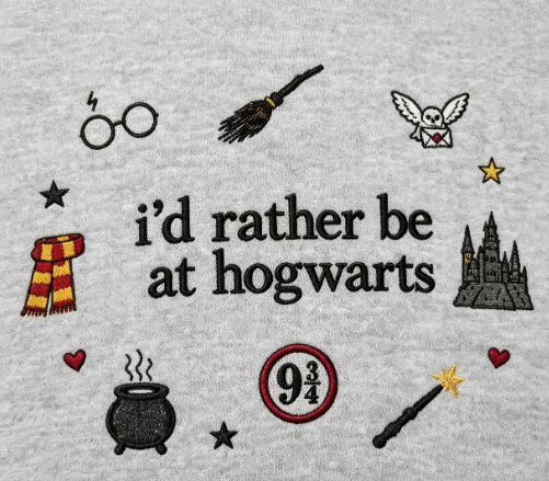 I’d Rather Be At Hogwarts Embroidered Crewneck Sweatshirt, Wizard Magic Graphic Pullover for Potter Fans