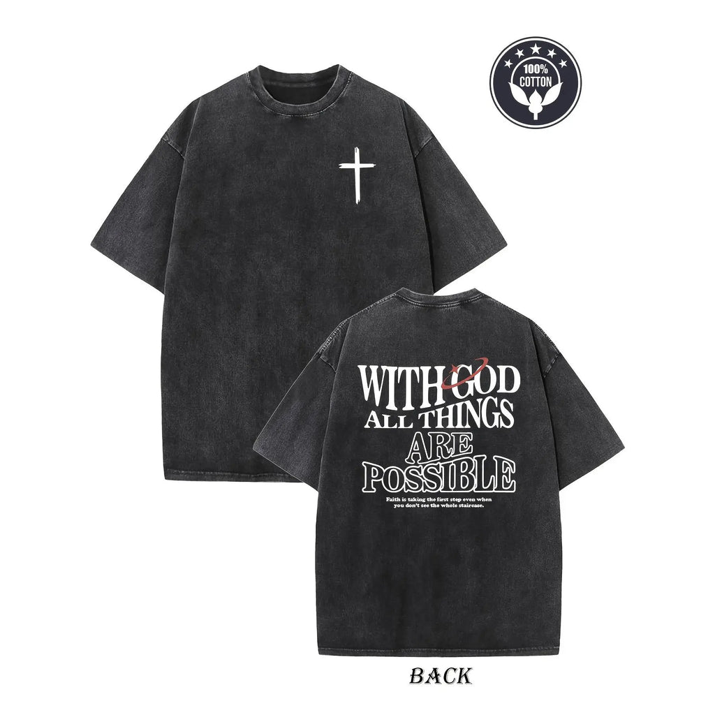 Vintage Grey Christian T-Shirt 100% Cotton With God All Things Are Possible Faith Wear