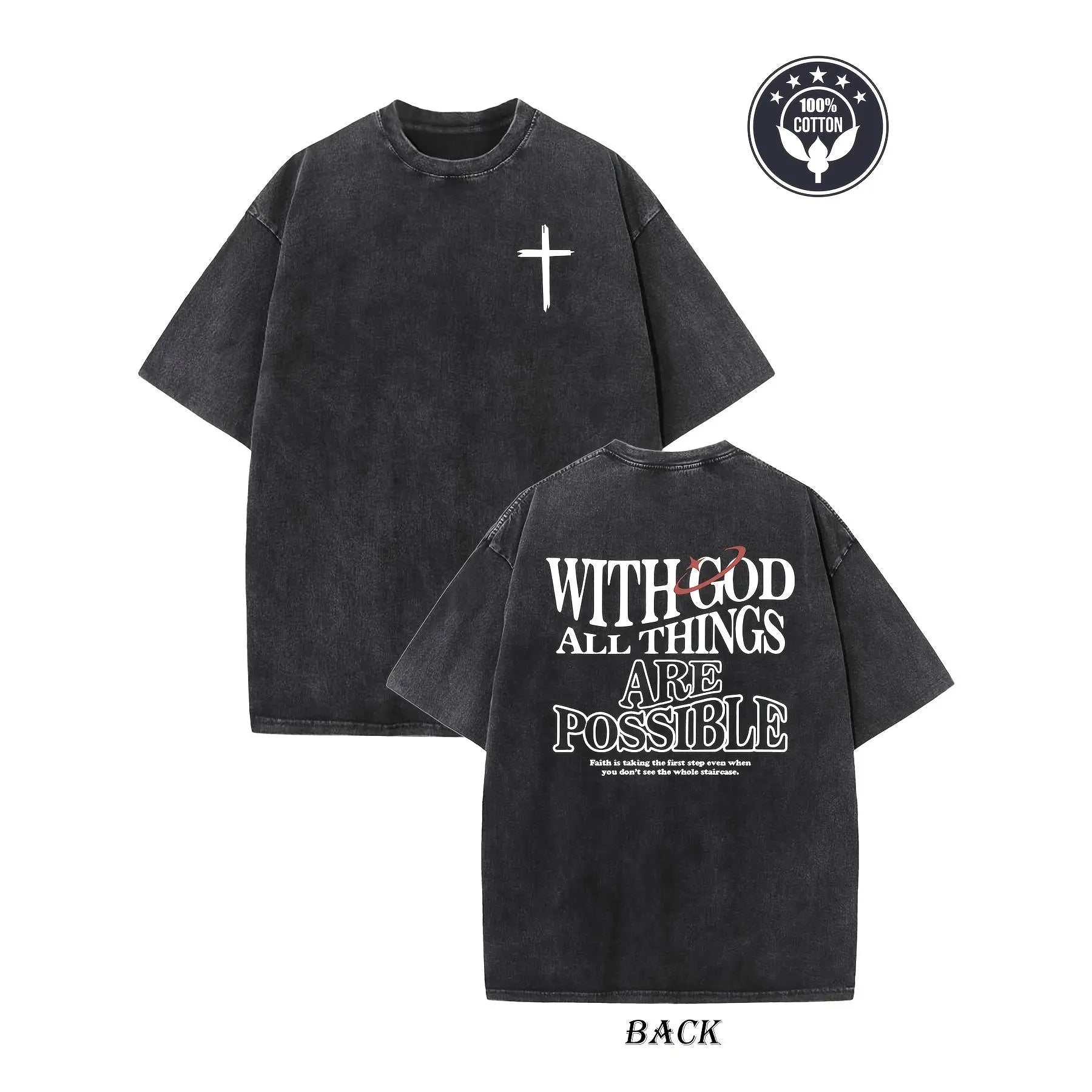 Vintage Grey Christian T-Shirt 100% Cotton With God All Things Are Possible Faith Wear