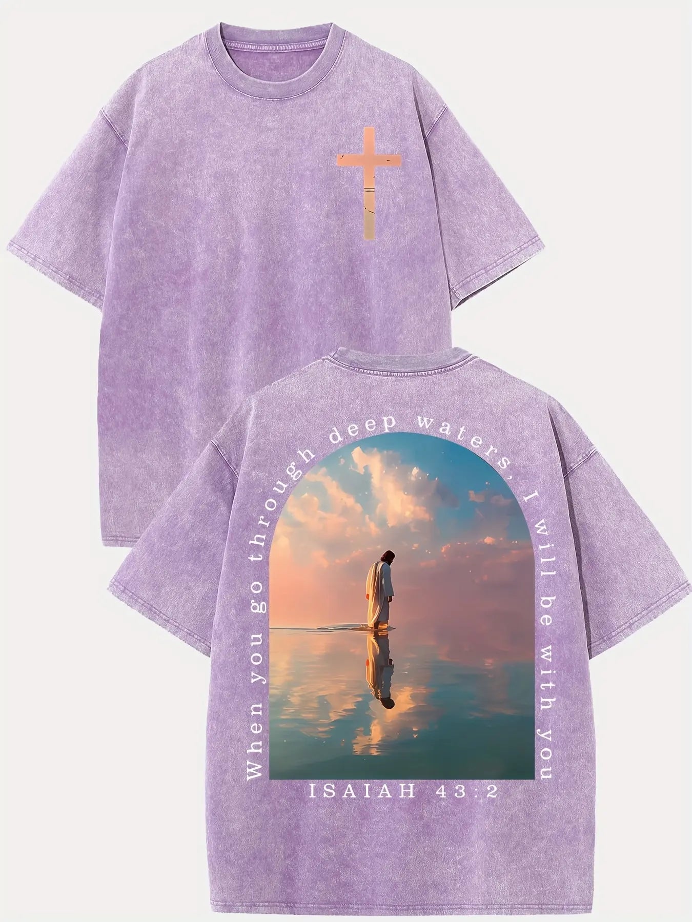 Jesus Walks on Water Isaiah 43:2 Christian T-Shirt | Direct-to-Garment Print, Washed Black Oversized Tee
