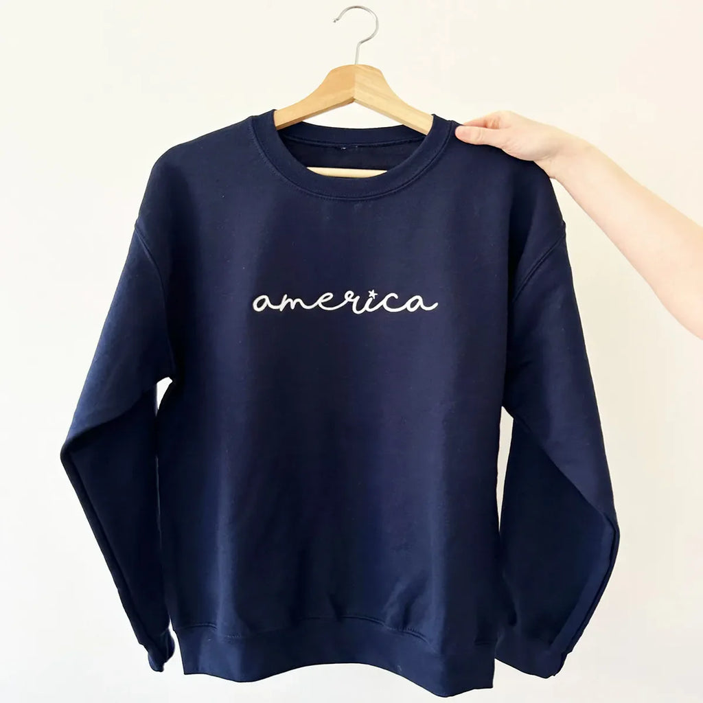 Embroidered America Script Sweatshirt or Hoodie – 4th of July Minimal Patriotic Apparel