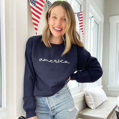 Embroidered America Script Sweatshirt or Hoodie – 4th of July Minimal Patriotic Apparel
