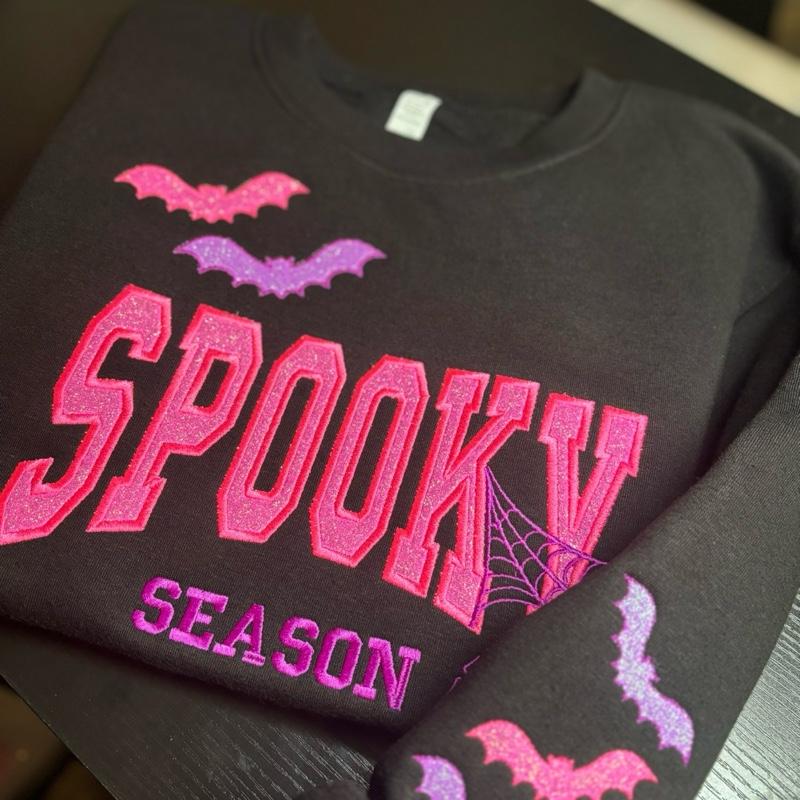 Spooky Glitter Embroidered Crew, T-Shirt OR Hoodie🦇💜💚