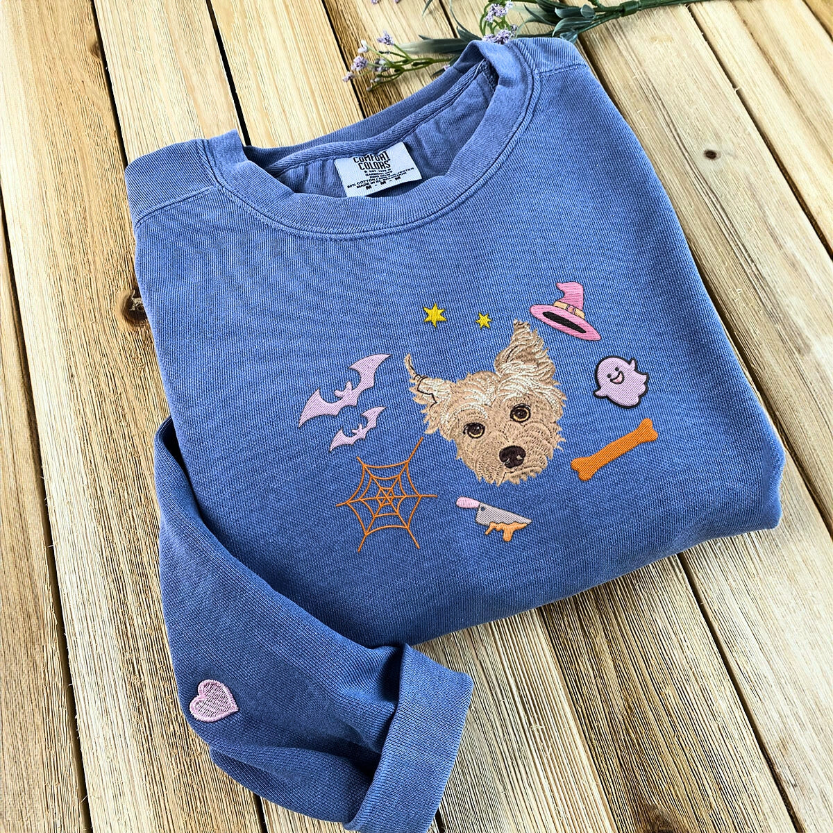 Comfort Colors Custom Embroidered Halloween Dog Portrait T-Shirt or Sweatshirt