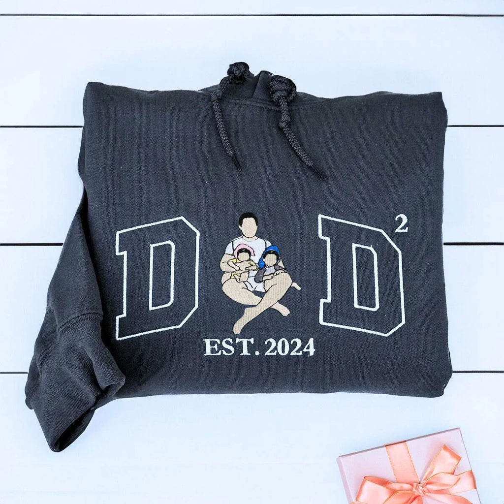 Custom Dad of Two Portrait Shirt or Sweatshirt, Personalized Embroidered Gift for Dad with Two Kids Father's Day