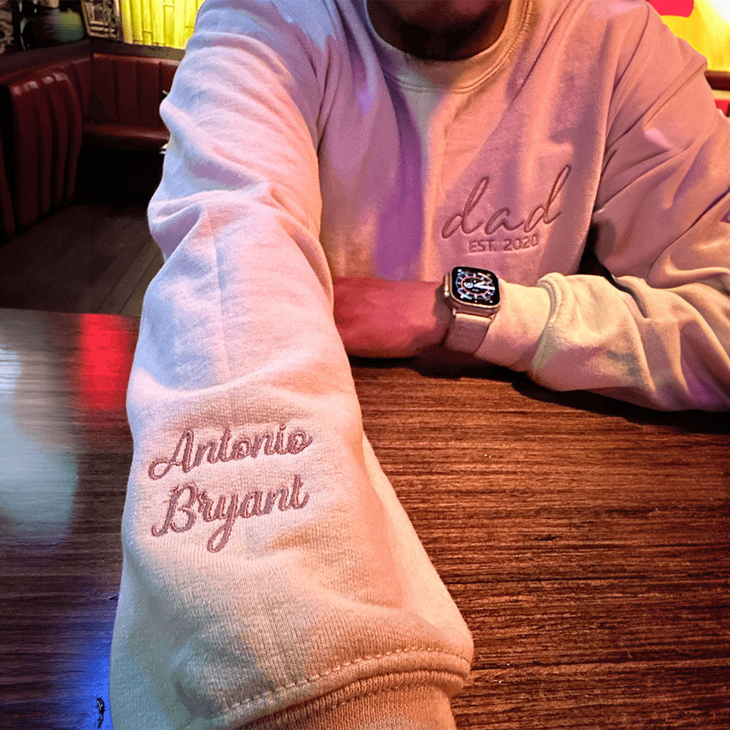 Dad Est Sweatshirt or Hoodie, Embroidered Gift for Dad with Kids Name on Sleeve