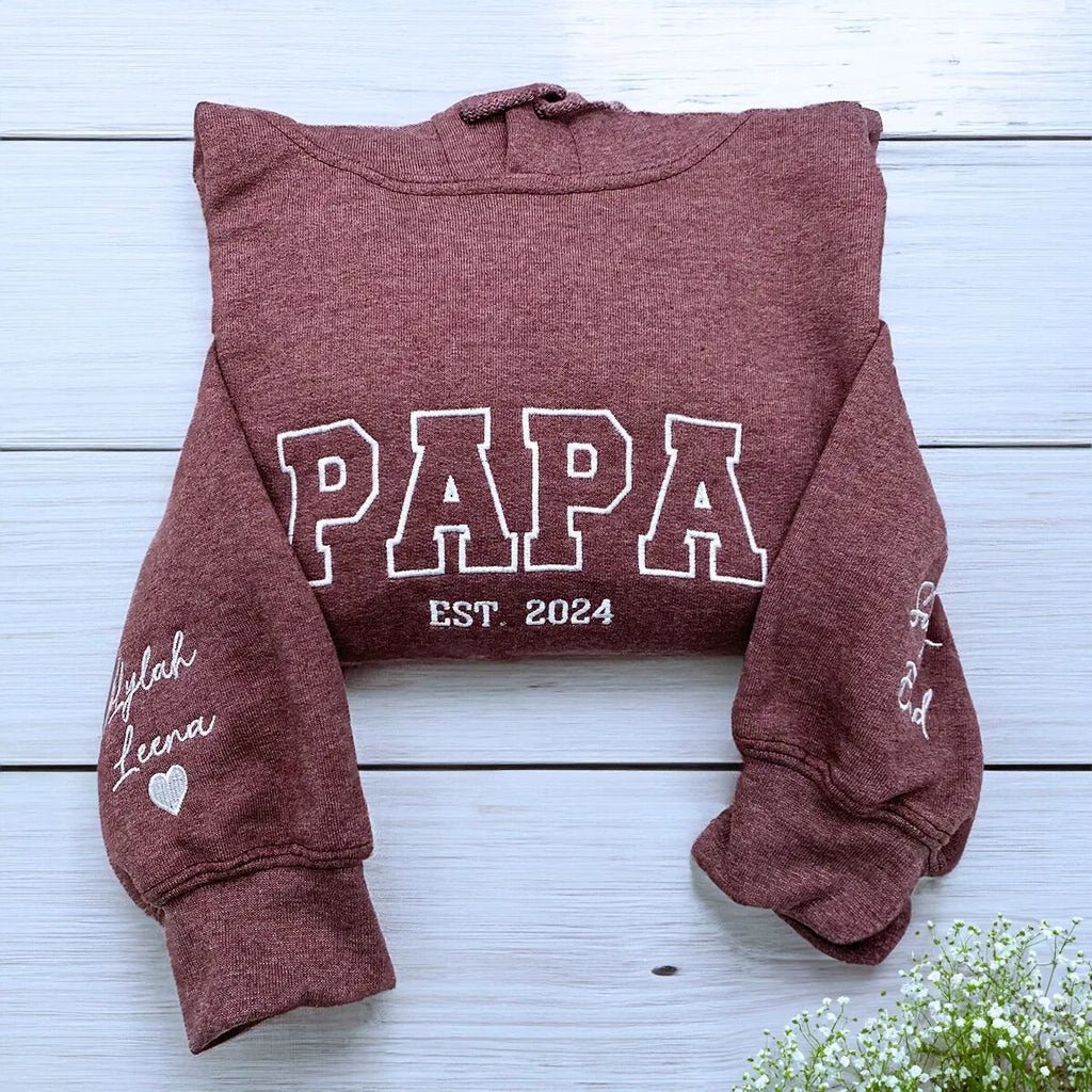 Personalized Papa Sweatshirts Hoodie with Name of Child, Dad EST 2024 Crewneck embroidered