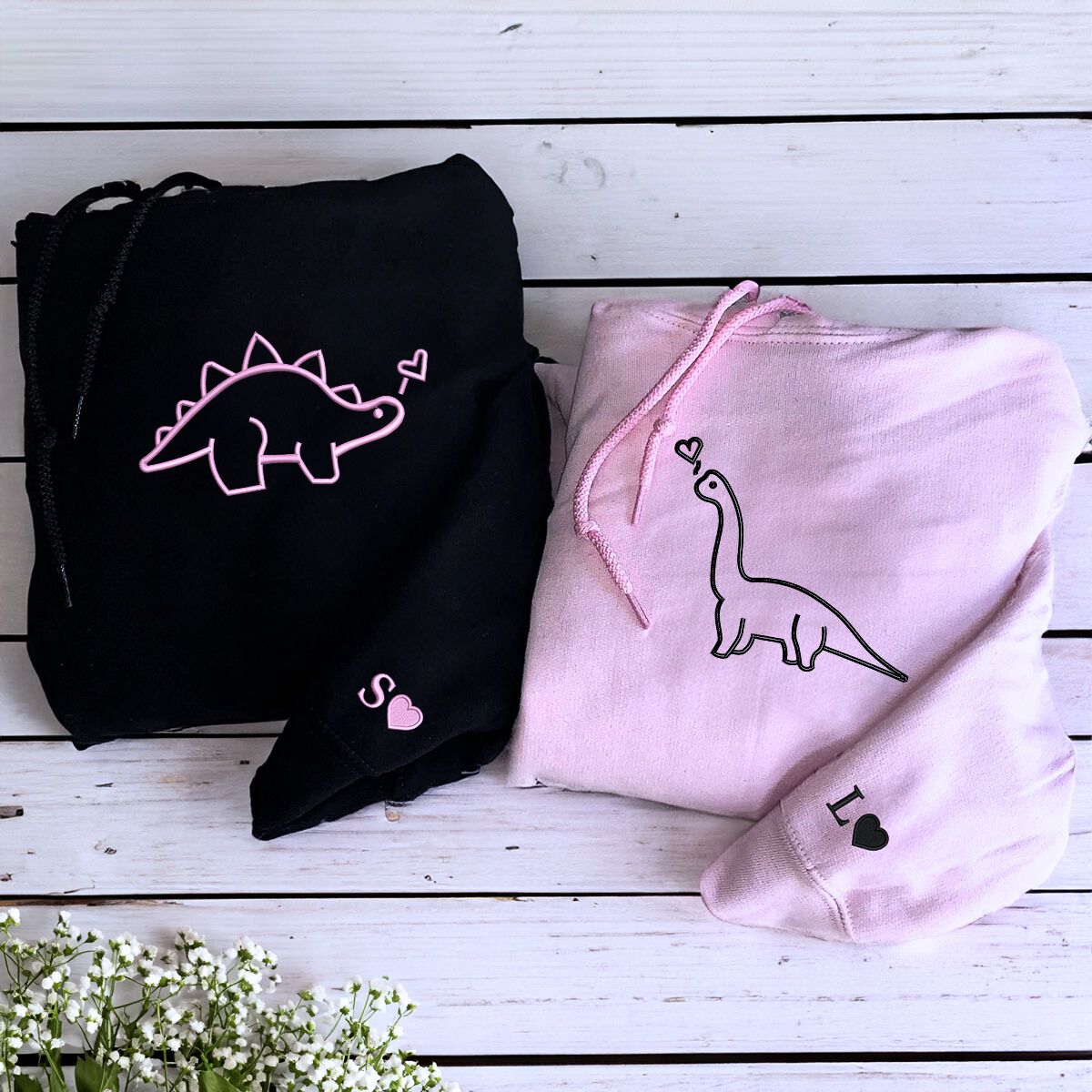 Dinosaurs Couple Sweatshirt or Hoodie, Custom Embroidered Valentines Gift for Husband Wife
