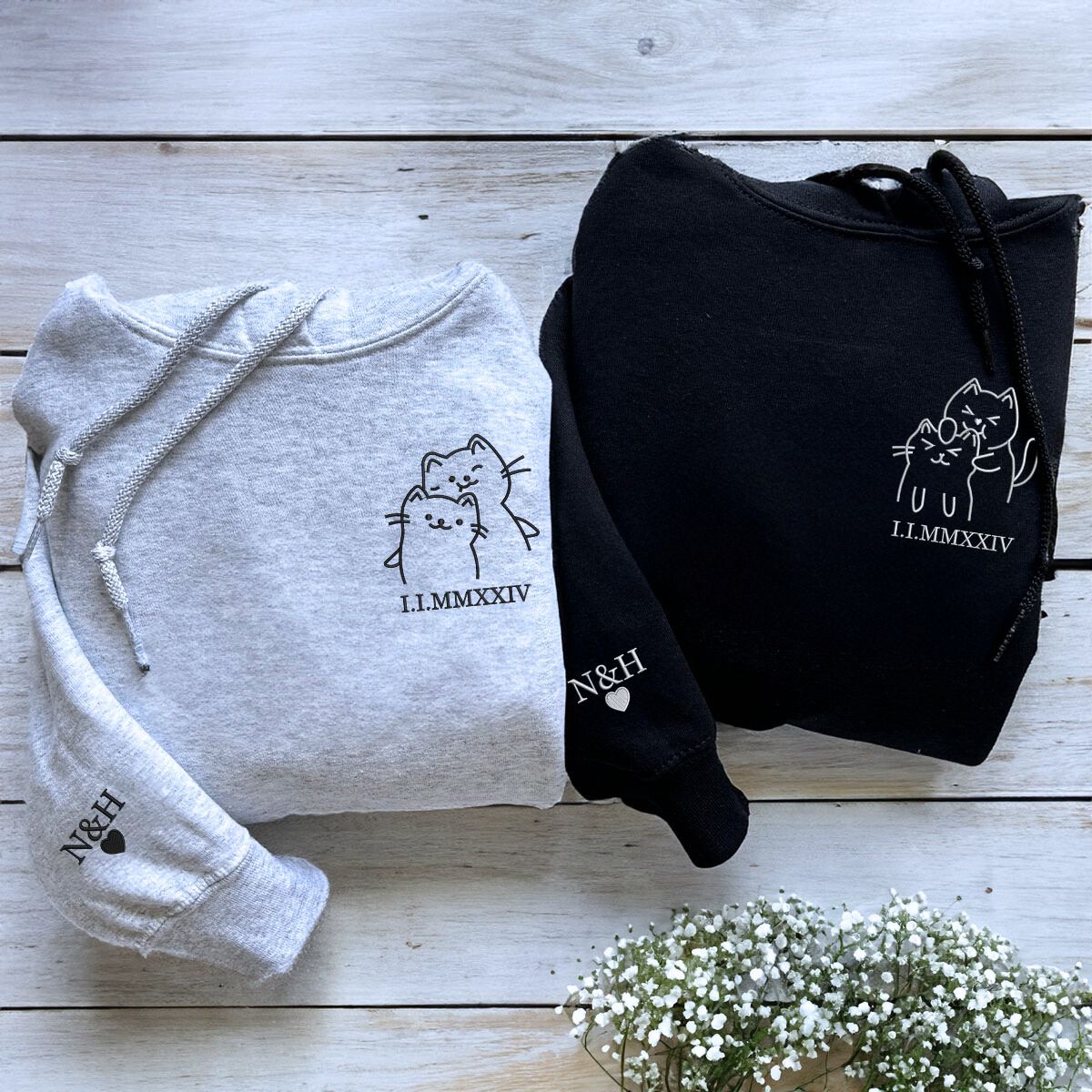 Custom Doodle Cat Matching Sweatshirt or Hoodie, Embroidered Valentines Day Gifts For New Relationship
