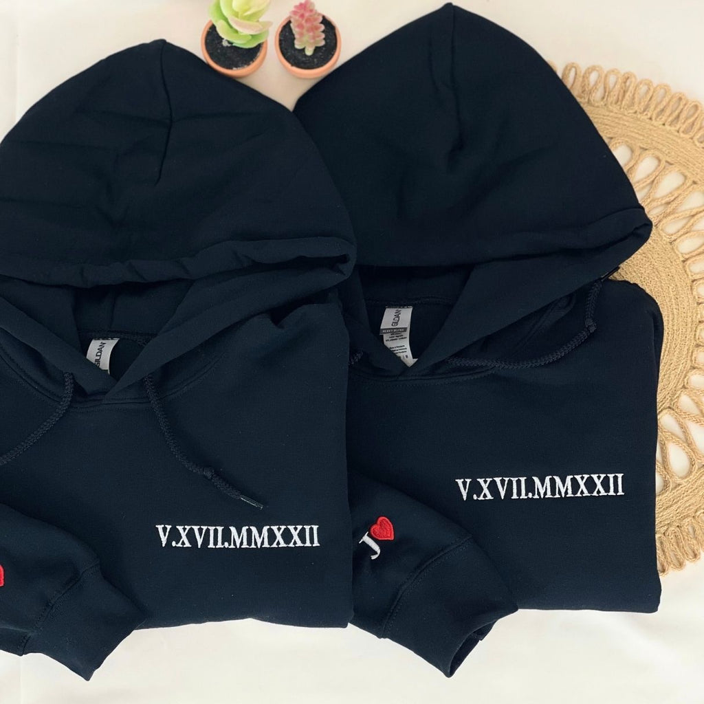 Personalized Wedding Gift Ideas for Couple with Embroidered Roman Date on Sweatshirt or Hoodie