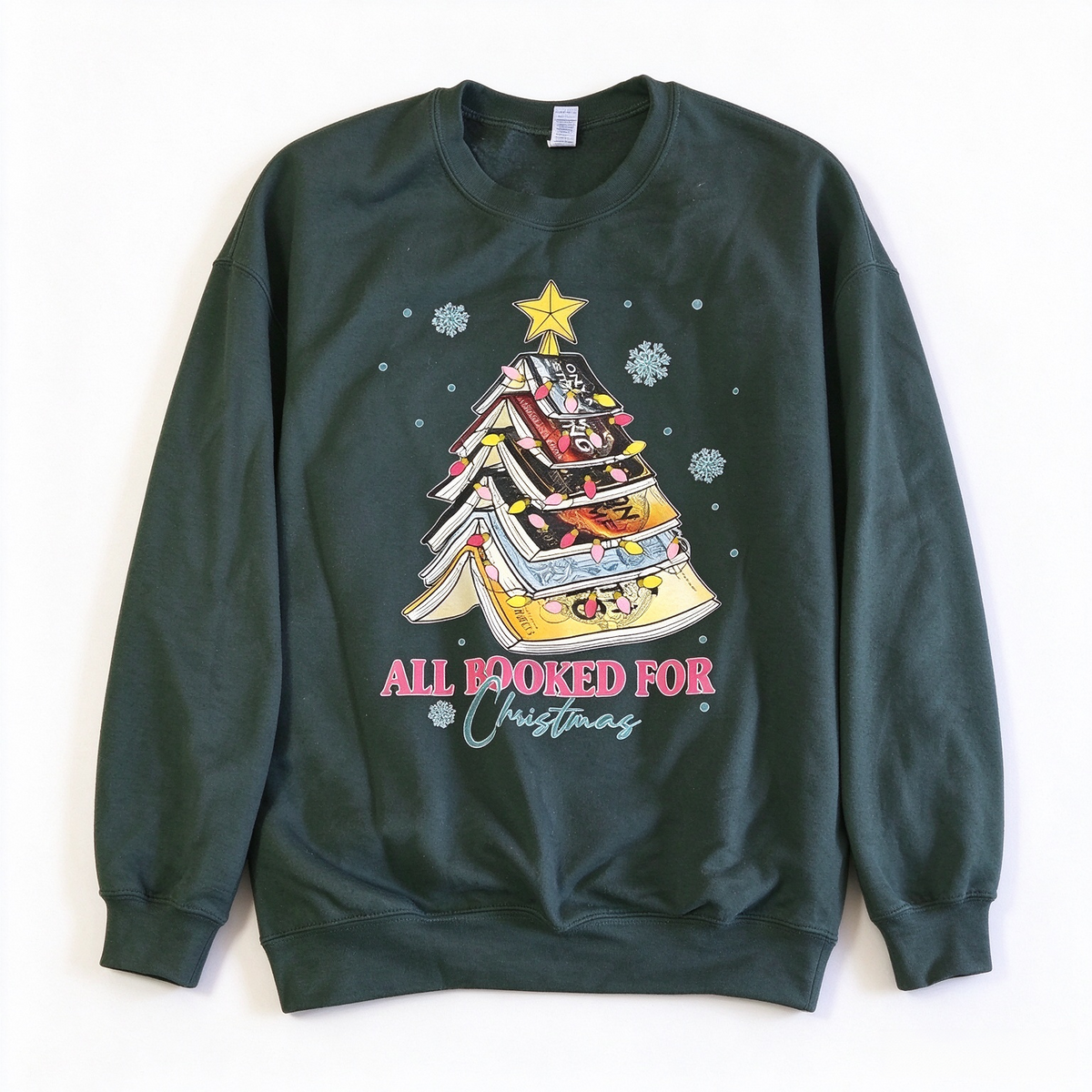 All Booked For Christmas Sweatshirt | Book Stack Christmas Tree Crewneck | Book Lover Holiday Sweater | Bookworm Christmas Gift