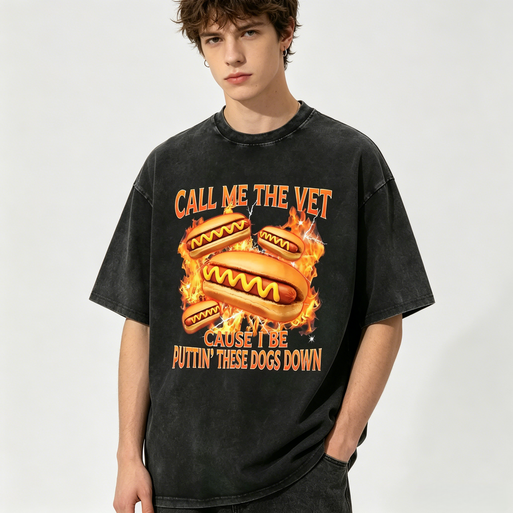 Call Me The Vet Cause I Be Puttin' These Dogs Down Funny Vintage Hot Dog Washed Tee | Rude Humor Mens Graphic T-Shirt