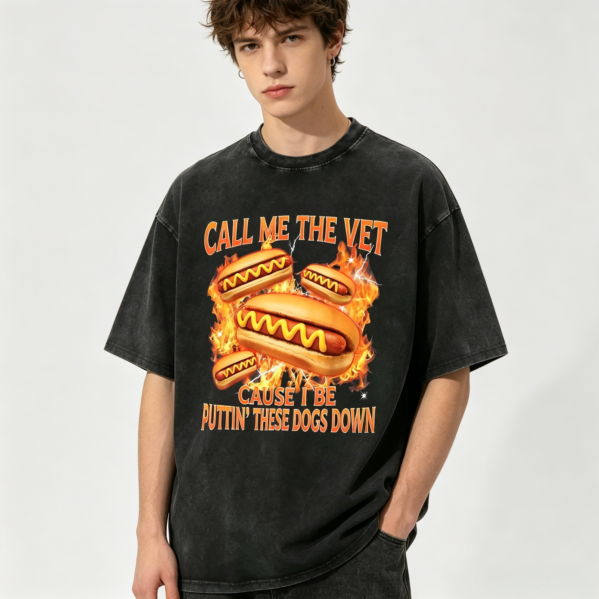 Call Me The Vet Cause I Be Puttin' These Dogs Down Funny Vintage Hot Dog Washed Tee | Rude Humor Mens Graphic T-Shirt