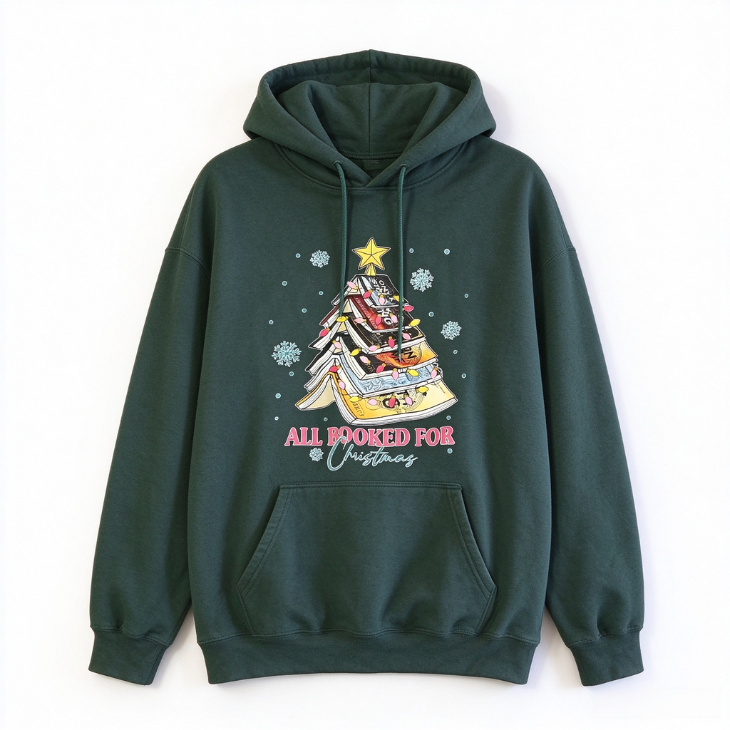 All Booked For Christmas Sweatshirt | Book Stack Christmas Tree Crewneck | Book Lover Holiday Sweater | Bookworm Christmas Gift