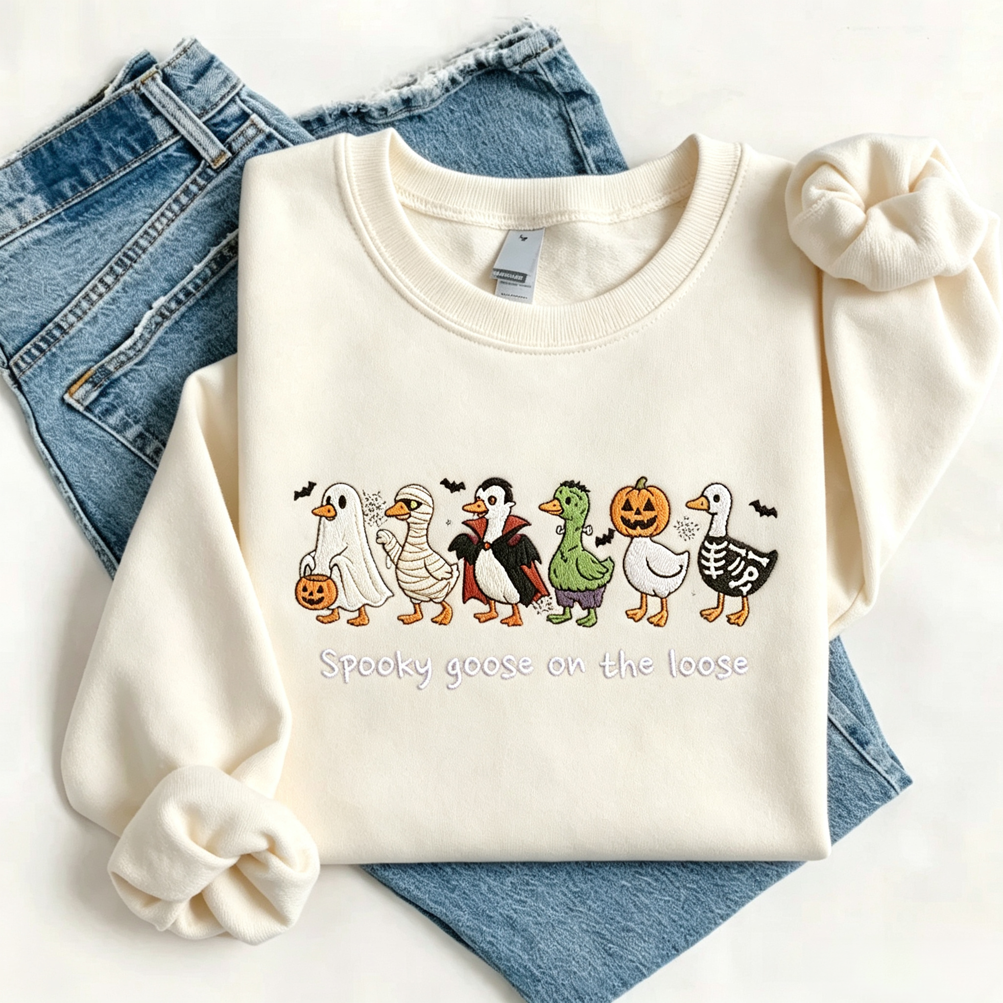 Spooky Goose On The Loose Embroidered Halloween Crewneck Sweatshirt t-shirt hoodie