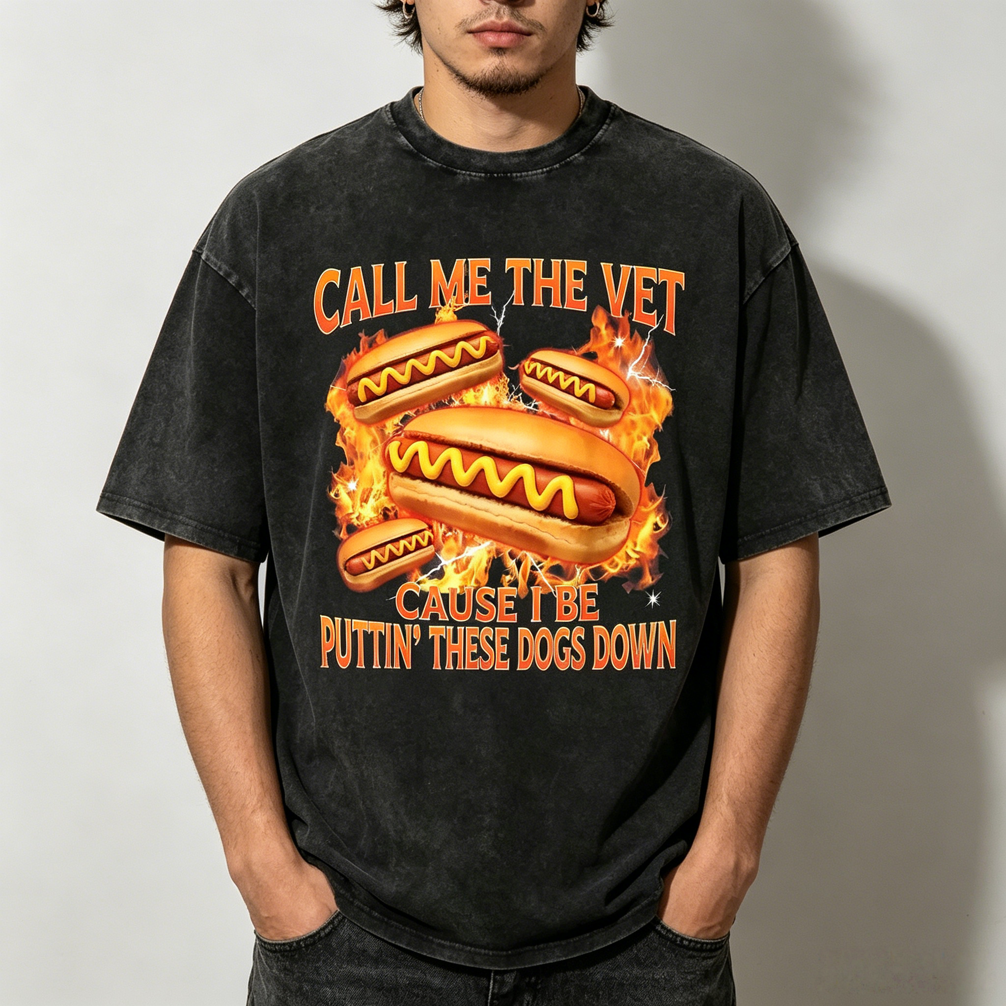 Call Me The Vet Cause I Be Puttin' These Dogs Down Funny Vintage Hot Dog Washed Tee | Rude Humor Mens Graphic T-Shirt