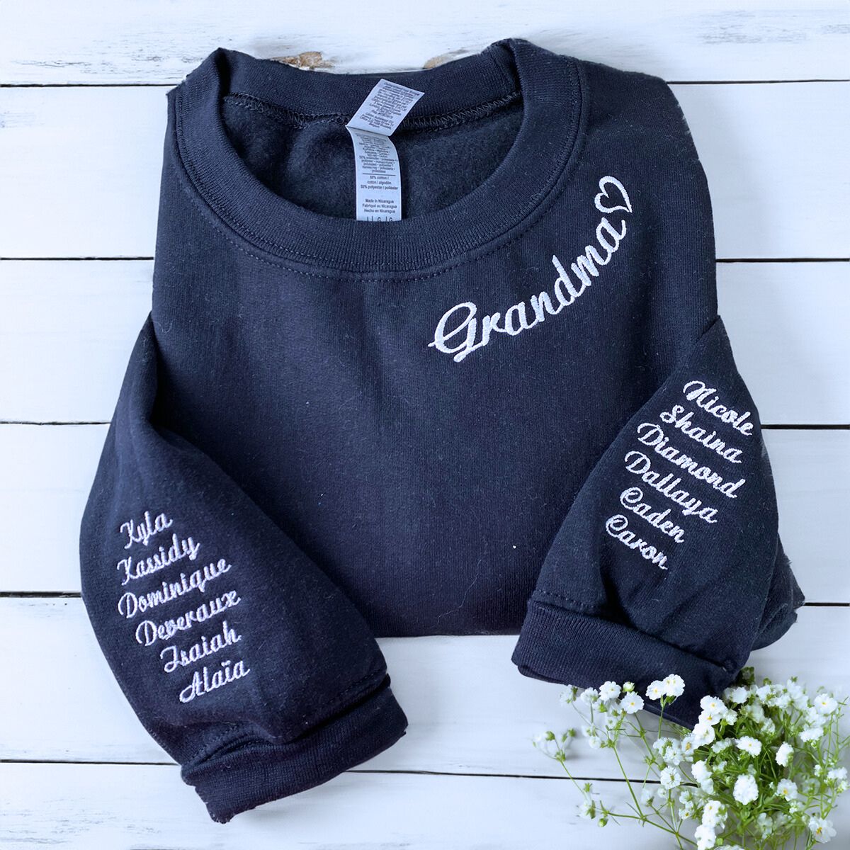 Mimi Sweatshirt with GrandKids Names on Sleeve, Custom Embroidered Gift for Mimi