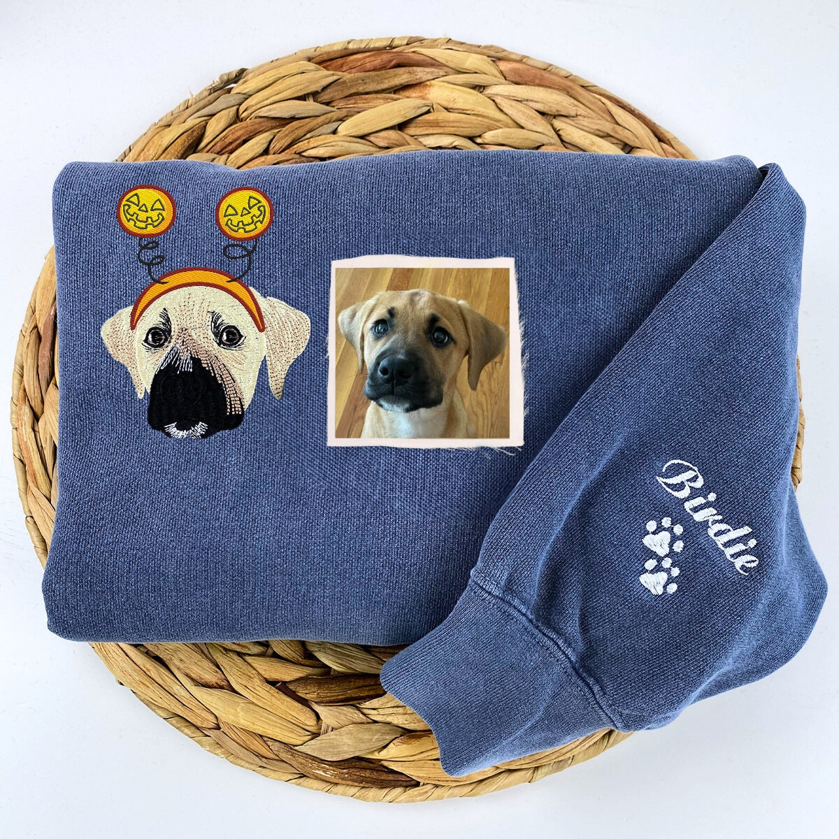 Comfort Colors Custom Embroidered Dog Portrait with Halloween Witch Hat Portrait T-Shirt or Sweatshirt
