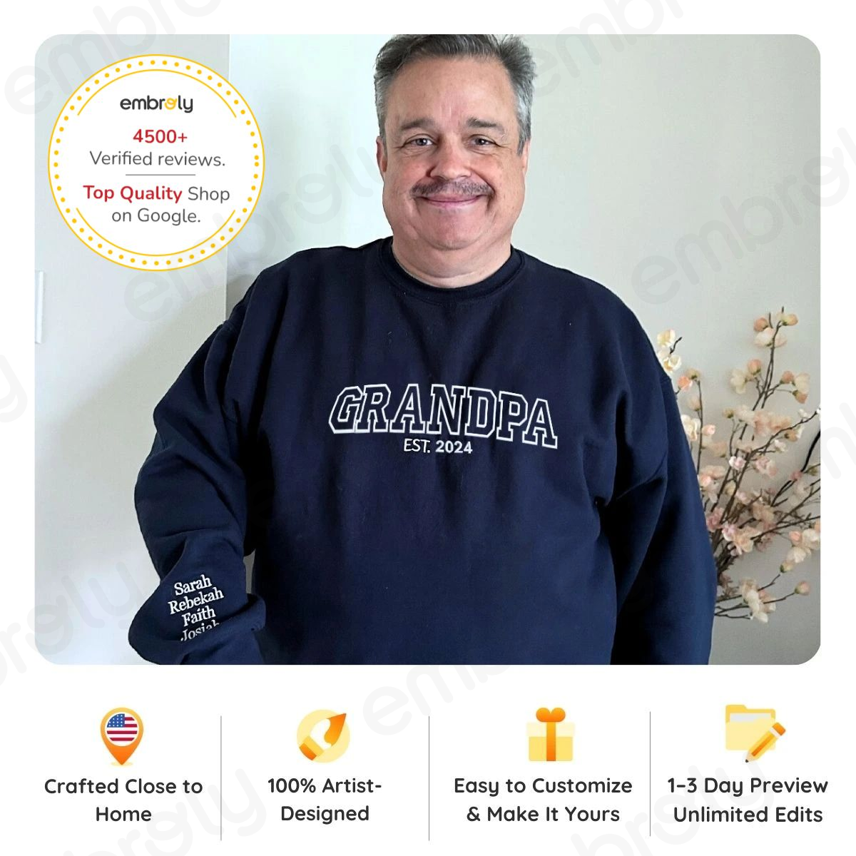 Personalized Papa Sweatshirts Hoodie with Name of Child, Dad EST 2024 Crewneck embroidered