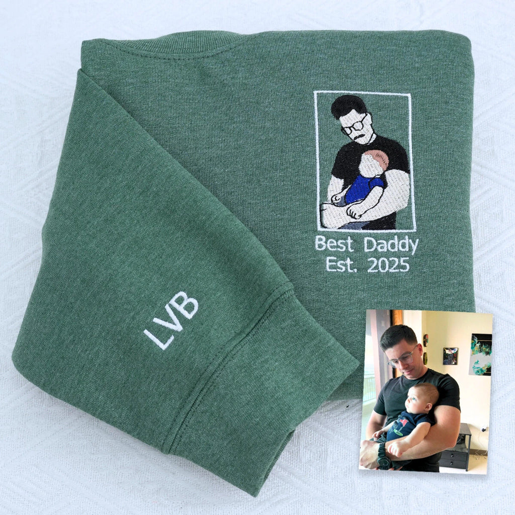 Personalized Dad T-Shirt, Father's Day Gift with Embroidered Photo Portrait, New Dad Sweatshirt or Hoodie