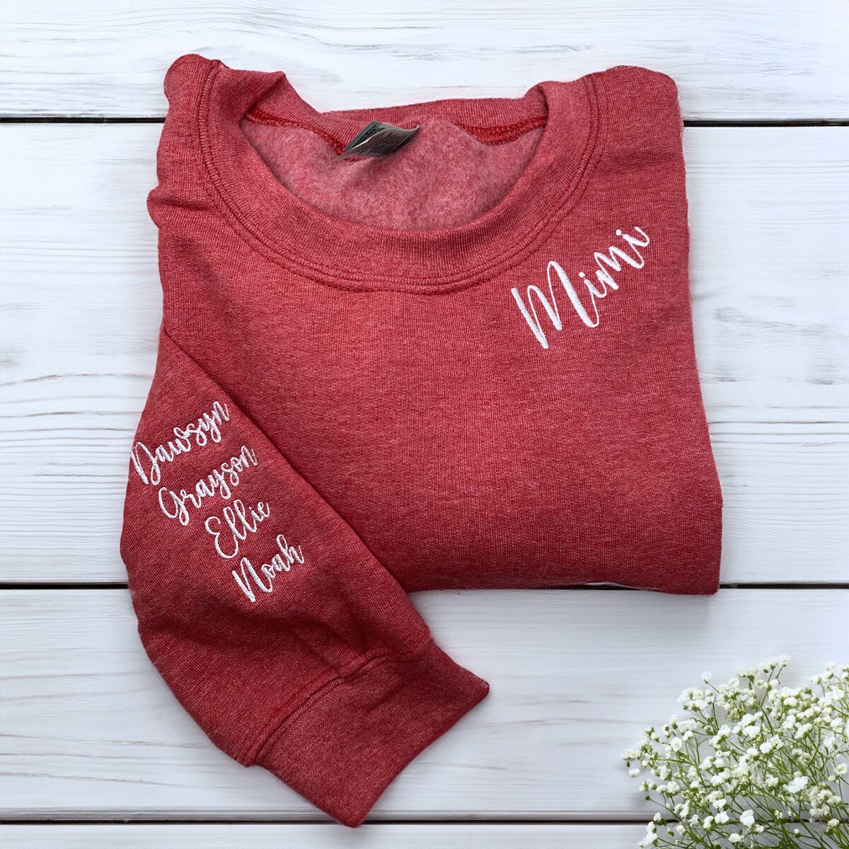 Mimi Sweatshirt with GrandKids Names on Sleeve, Custom Embroidered Gift for Mimi