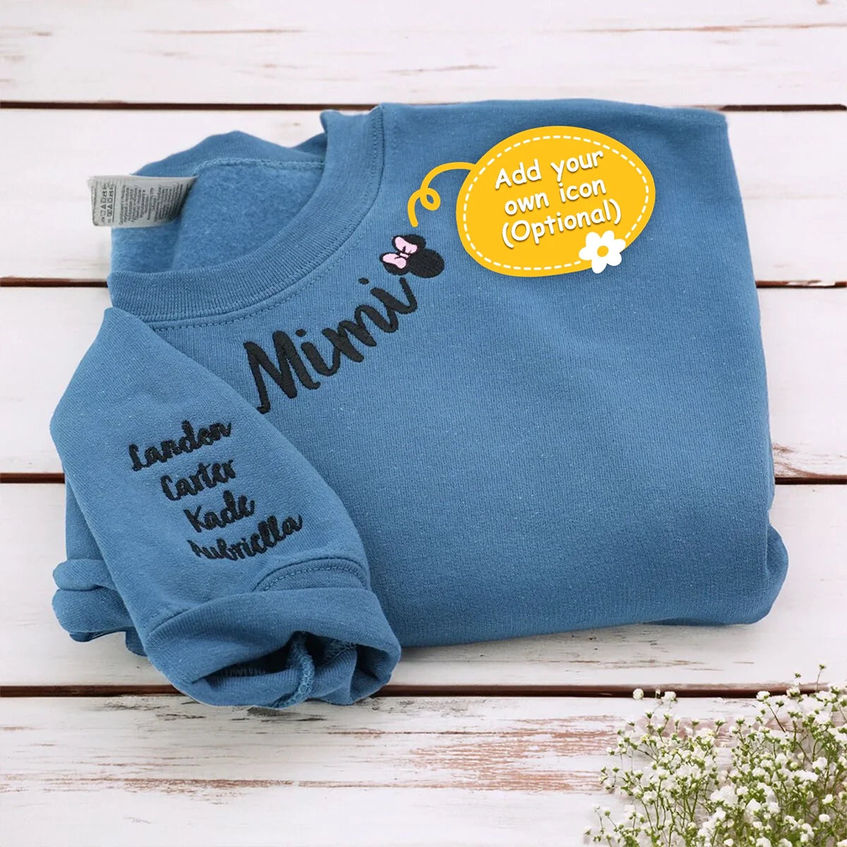 Mimi Sweatshirt with GrandKids Names on Sleeve, Custom Embroidered Gift for Mimi