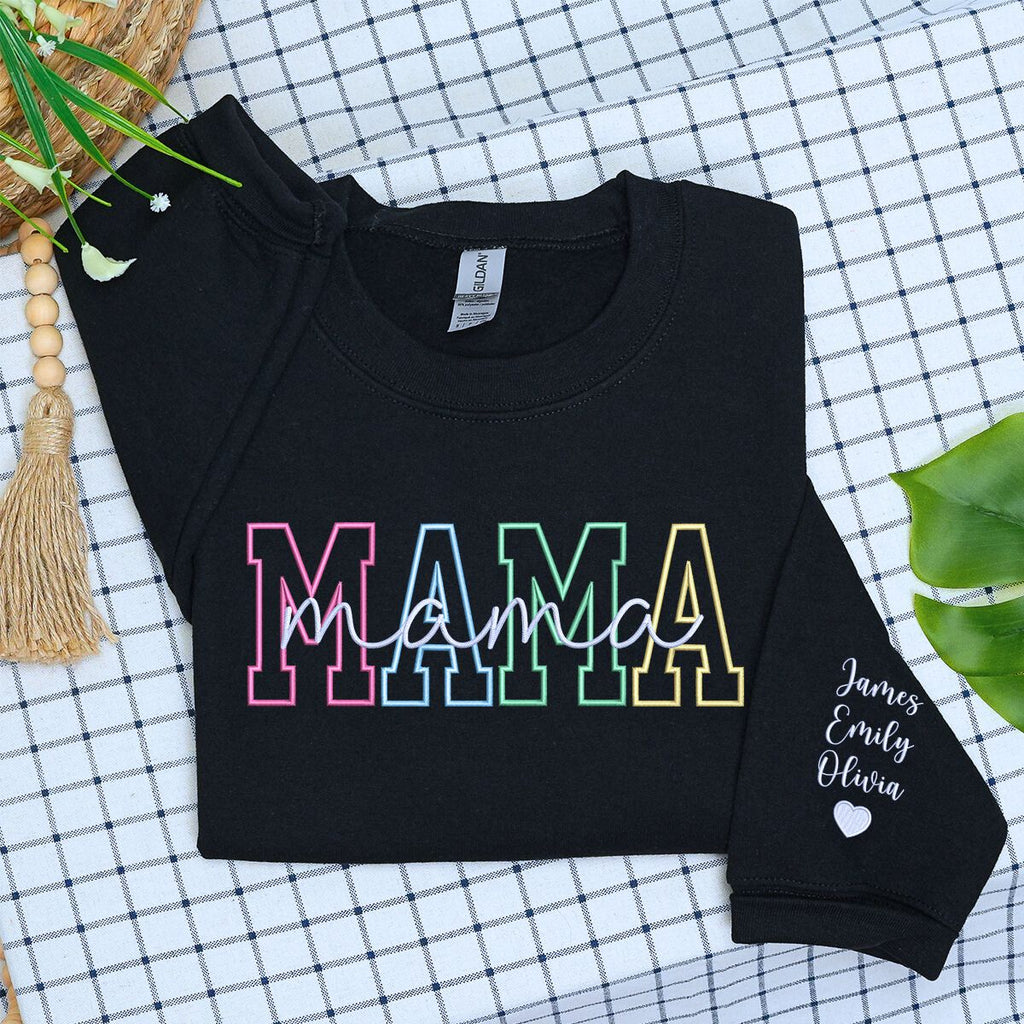 Mama Sweatshirt or Hoodie with Names on Sleeve, Custom Embroidered Gift for Mama
