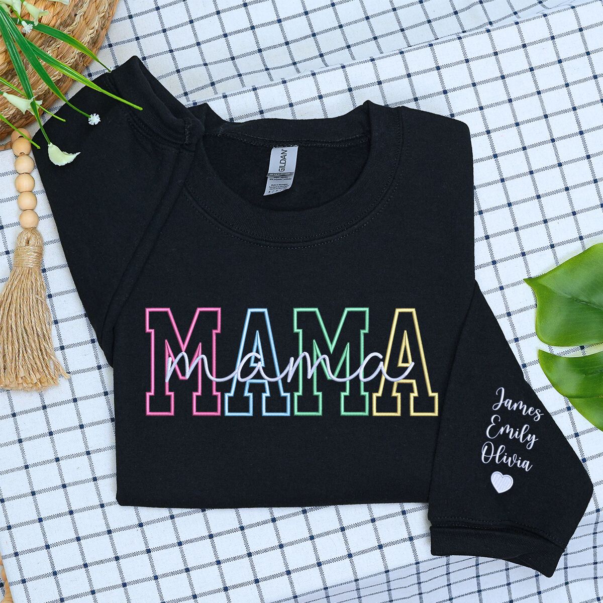Mama Sweatshirt or Hoodie with Names on Sleeve, Custom Embroidered Gift for Mama