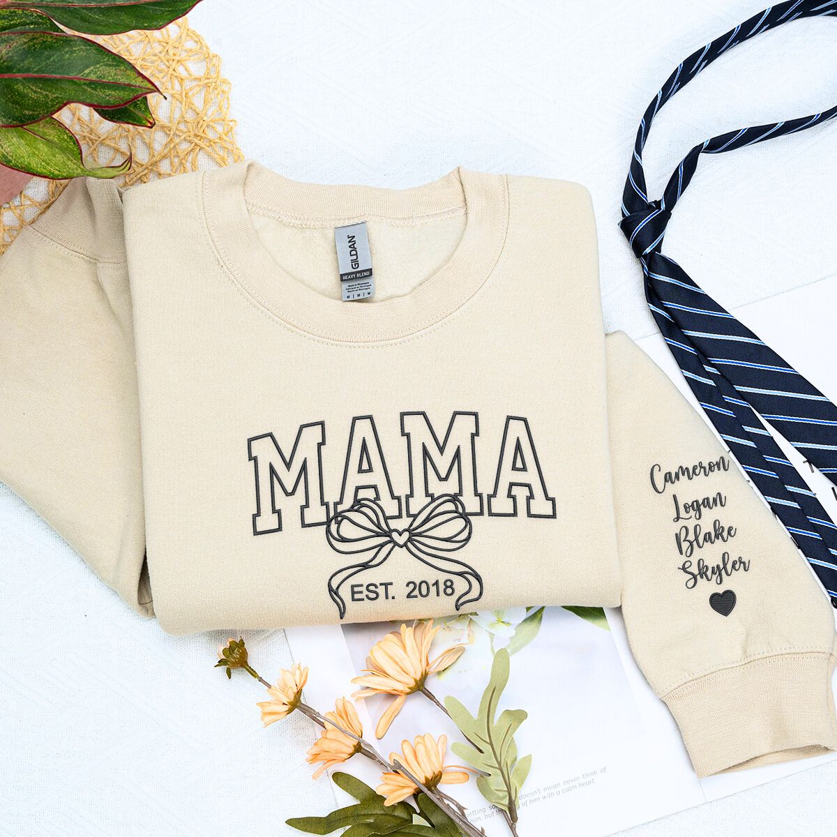 Personalized Gift for Mama with Embroidered Coquette Bow and Est year on Chest Sweatshirt or Hoodie