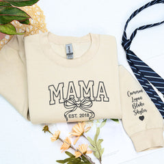 Personalized Gift for Mama with Embroidered Coquette Bow and Est year on Chest Sweatshirt or Hoodie
