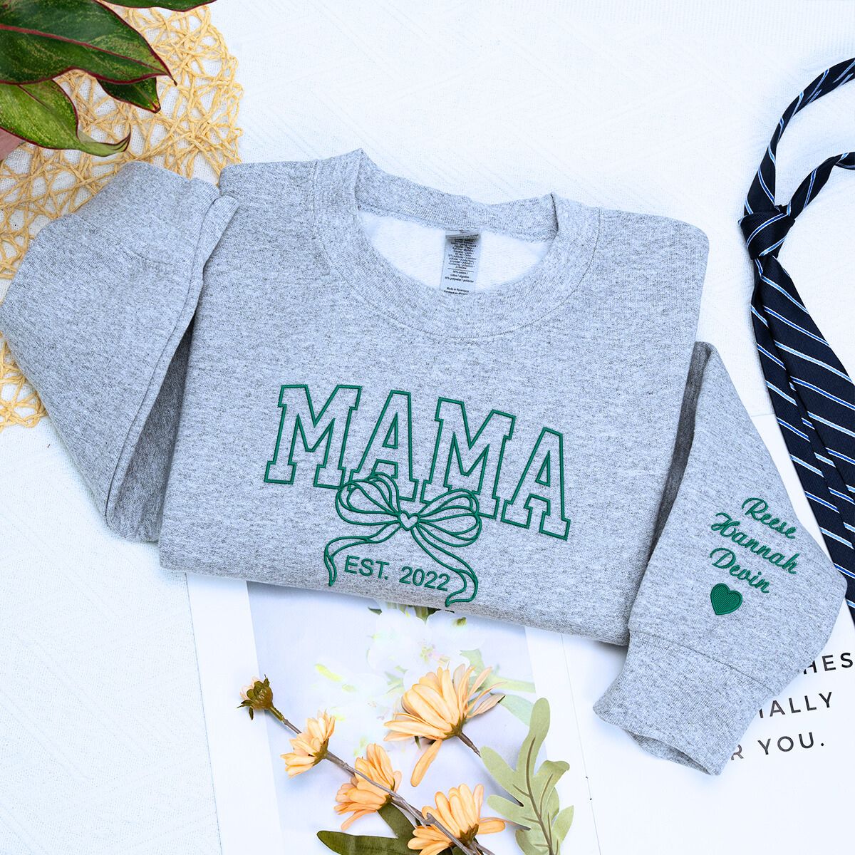 Personalized Gift for Mama with Embroidered Coquette Bow and Est year on Chest Sweatshirt or Hoodie